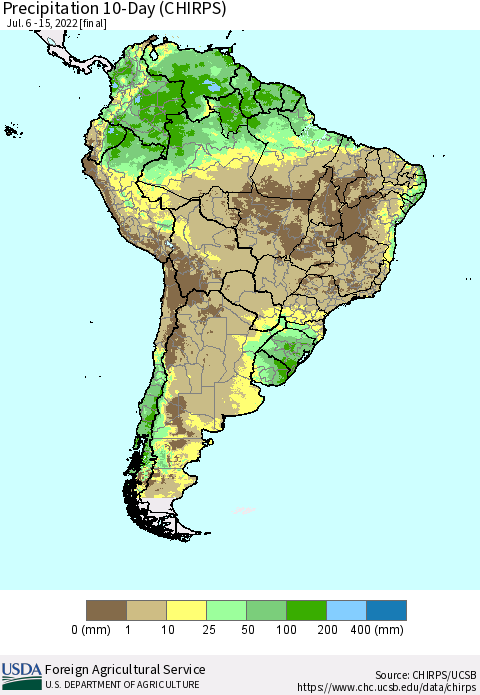 South America Precipitation 10-Day (CHIRPS) Thematic Map For 7/6/2022 - 7/15/2022