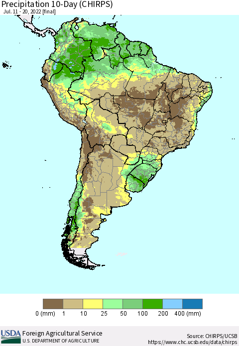 South America Precipitation 10-Day (CHIRPS) Thematic Map For 7/11/2022 - 7/20/2022