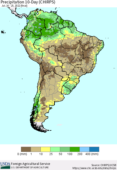 South America Precipitation 10-Day (CHIRPS) Thematic Map For 7/16/2022 - 7/25/2022