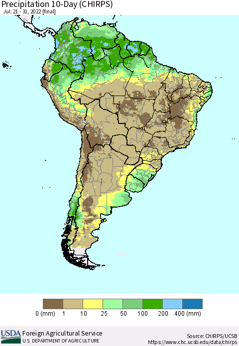 South America Precipitation 10-Day (CHIRPS) Thematic Map For 7/21/2022 - 7/31/2022