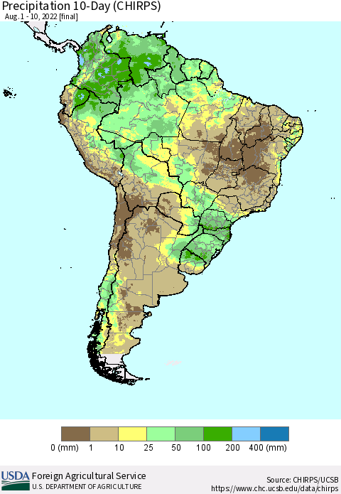 South America Precipitation 10-Day (CHIRPS) Thematic Map For 8/1/2022 - 8/10/2022