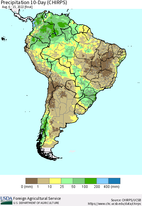South America Precipitation 10-Day (CHIRPS) Thematic Map For 8/6/2022 - 8/15/2022