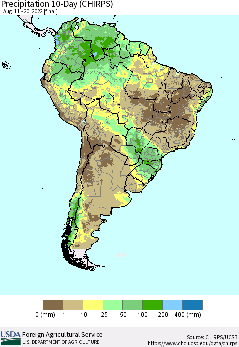 South America Precipitation 10-Day (CHIRPS) Thematic Map For 8/11/2022 - 8/20/2022