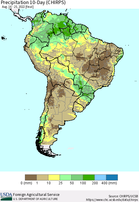 South America Precipitation 10-Day (CHIRPS) Thematic Map For 8/16/2022 - 8/25/2022