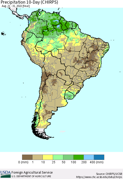 South America Precipitation 10-Day (CHIRPS) Thematic Map For 8/21/2022 - 8/31/2022