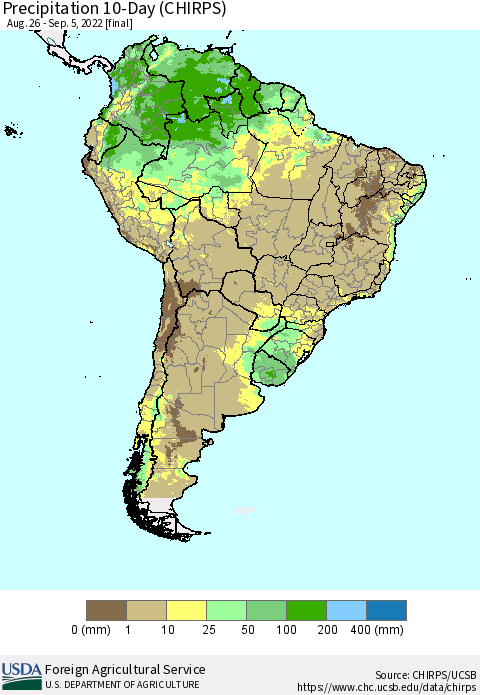 South America Precipitation 10-Day (CHIRPS) Thematic Map For 8/26/2022 - 9/5/2022