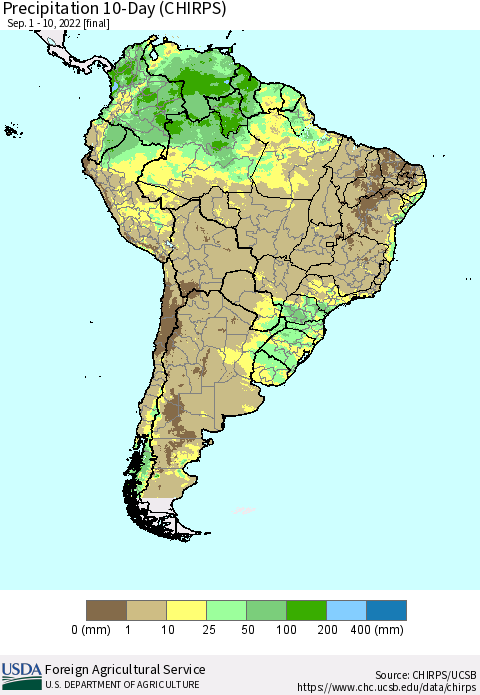 South America Precipitation 10-Day (CHIRPS) Thematic Map For 9/1/2022 - 9/10/2022