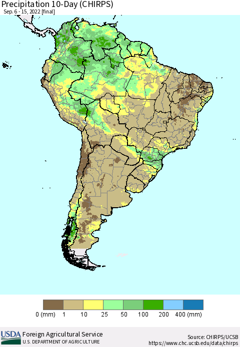South America Precipitation 10-Day (CHIRPS) Thematic Map For 9/6/2022 - 9/15/2022