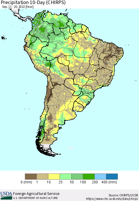 South America Precipitation 10-Day (CHIRPS) Thematic Map For 9/11/2022 - 9/20/2022