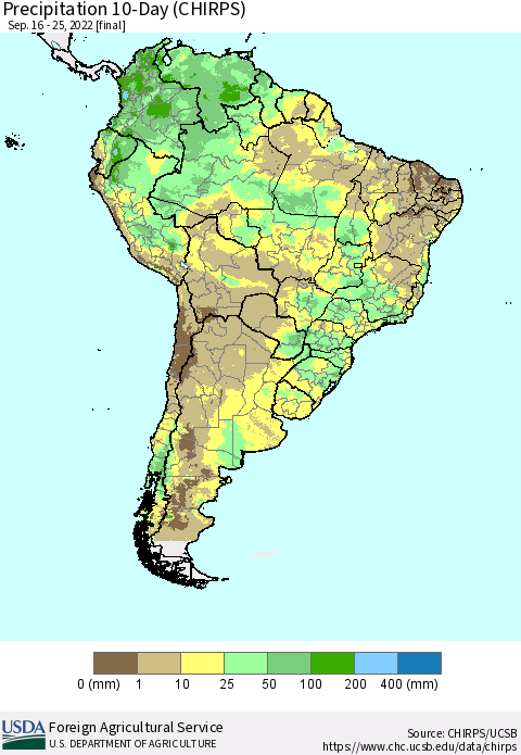 South America Precipitation 10-Day (CHIRPS) Thematic Map For 9/16/2022 - 9/25/2022