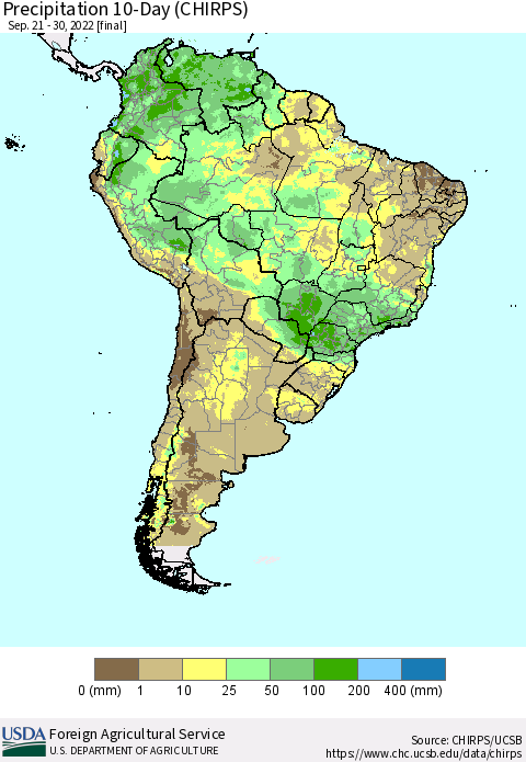 South America Precipitation 10-Day (CHIRPS) Thematic Map For 9/21/2022 - 9/30/2022