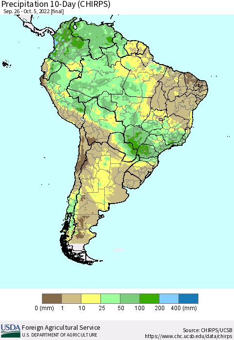 South America Precipitation 10-Day (CHIRPS) Thematic Map For 9/26/2022 - 10/5/2022
