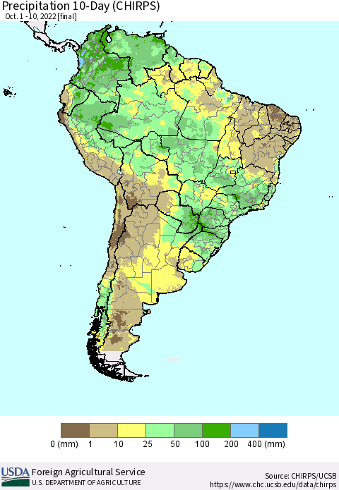South America Precipitation 10-Day (CHIRPS) Thematic Map For 10/1/2022 - 10/10/2022