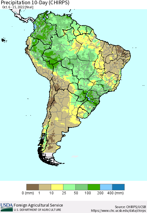 South America Precipitation 10-Day (CHIRPS) Thematic Map For 10/6/2022 - 10/15/2022