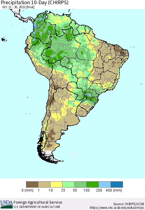South America Precipitation 10-Day (CHIRPS) Thematic Map For 10/11/2022 - 10/20/2022