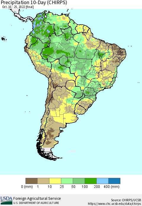 South America Precipitation 10-Day (CHIRPS) Thematic Map For 10/16/2022 - 10/25/2022