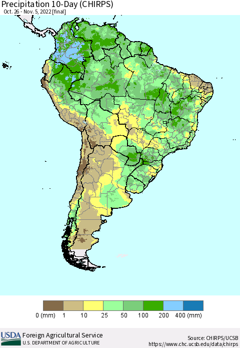 South America Precipitation 10-Day (CHIRPS) Thematic Map For 10/26/2022 - 11/5/2022
