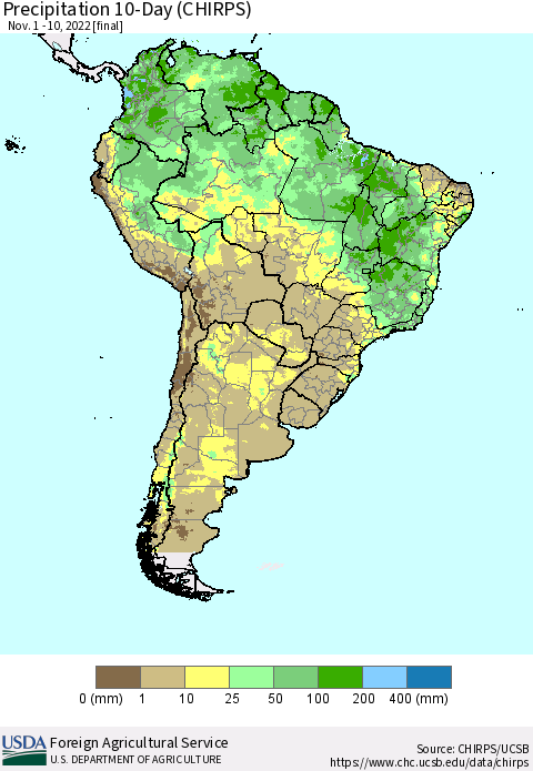 South America Precipitation 10-Day (CHIRPS) Thematic Map For 11/1/2022 - 11/10/2022