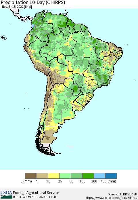 South America Precipitation 10-Day (CHIRPS) Thematic Map For 11/6/2022 - 11/15/2022