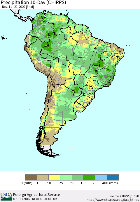 South America Precipitation 10-Day (CHIRPS) Thematic Map For 11/11/2022 - 11/20/2022