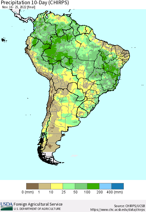 South America Precipitation 10-Day (CHIRPS) Thematic Map For 11/16/2022 - 11/25/2022