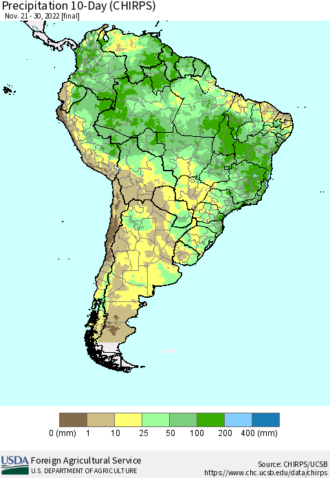 South America Precipitation 10-Day (CHIRPS) Thematic Map For 11/21/2022 - 11/30/2022
