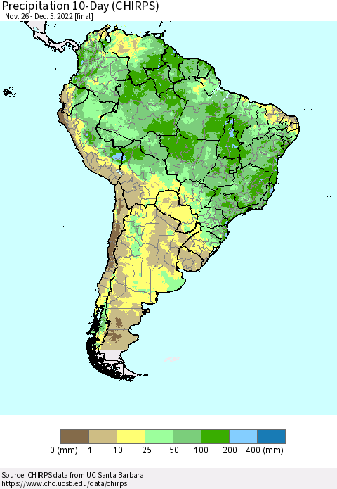 South America Precipitation 10-Day (CHIRPS) Thematic Map For 11/26/2022 - 12/5/2022