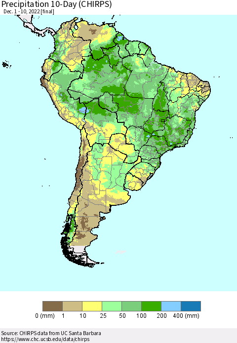 South America Precipitation 10-Day (CHIRPS) Thematic Map For 12/1/2022 - 12/10/2022