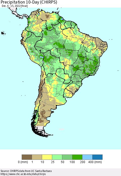 South America Precipitation 10-Day (CHIRPS) Thematic Map For 12/6/2022 - 12/15/2022
