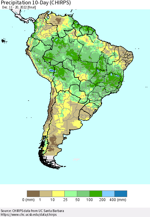 South America Precipitation 10-Day (CHIRPS) Thematic Map For 12/11/2022 - 12/20/2022