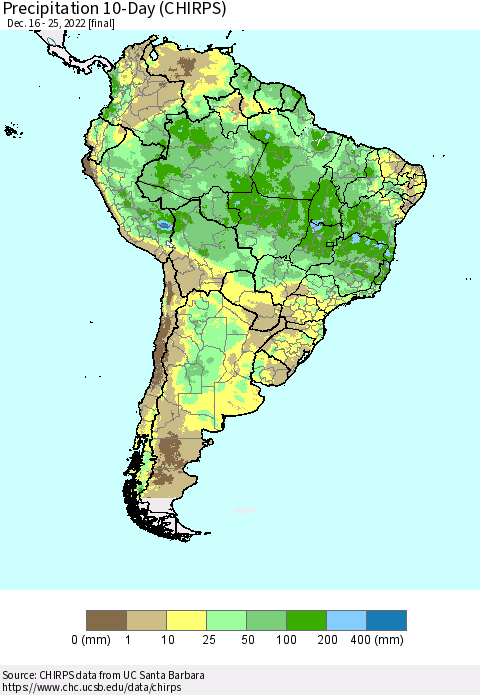 South America Precipitation 10-Day (CHIRPS) Thematic Map For 12/16/2022 - 12/25/2022