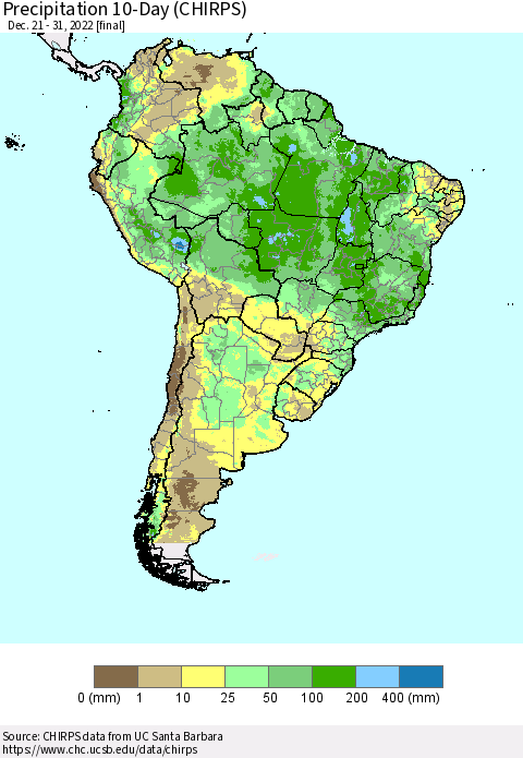 South America Precipitation 10-Day (CHIRPS) Thematic Map For 12/21/2022 - 12/31/2022