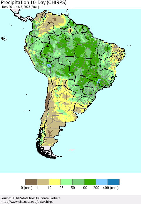 South America Precipitation 10-Day (CHIRPS) Thematic Map For 12/26/2022 - 1/5/2023