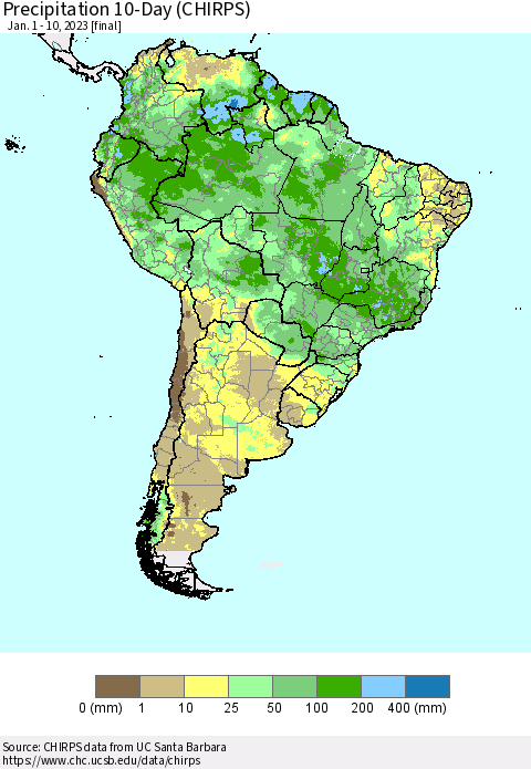 South America Precipitation 10-Day (CHIRPS) Thematic Map For 1/1/2023 - 1/10/2023