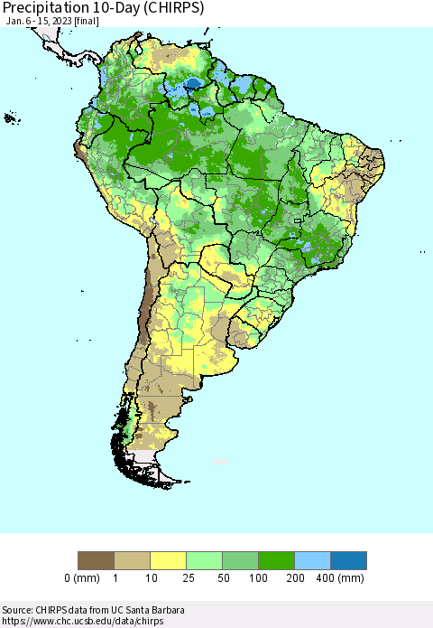 South America Precipitation 10-Day (CHIRPS) Thematic Map For 1/6/2023 - 1/15/2023