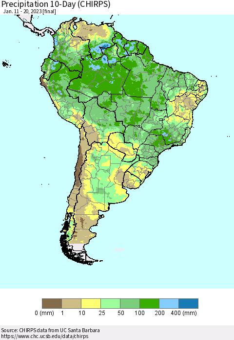 South America Precipitation 10-Day (CHIRPS) Thematic Map For 1/11/2023 - 1/20/2023