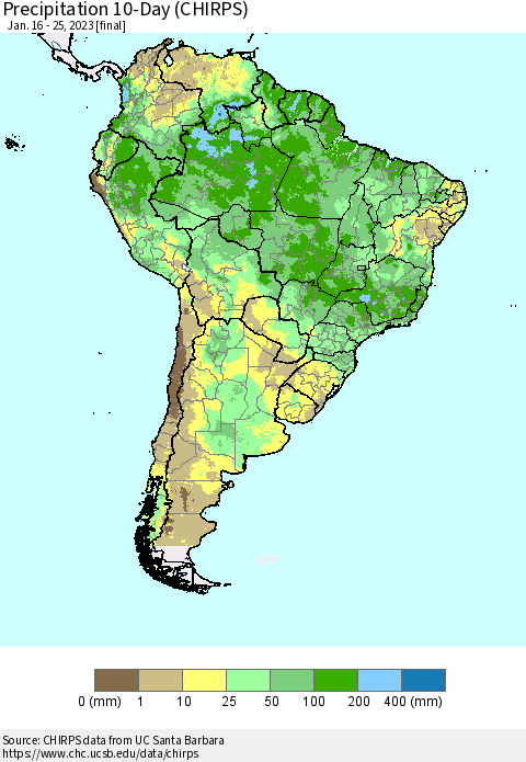South America Precipitation 10-Day (CHIRPS) Thematic Map For 1/16/2023 - 1/25/2023