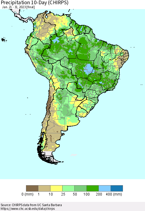South America Precipitation 10-Day (CHIRPS) Thematic Map For 1/21/2023 - 1/31/2023