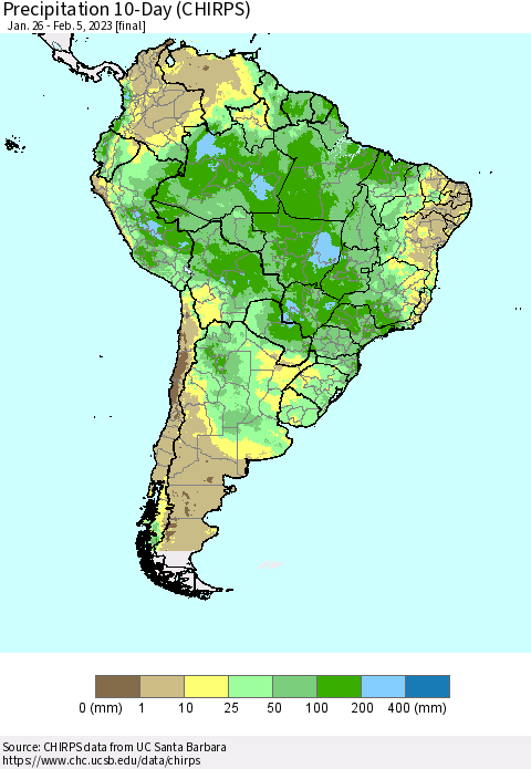 South America Precipitation 10-Day (CHIRPS) Thematic Map For 1/26/2023 - 2/5/2023