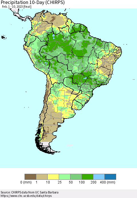 South America Precipitation 10-Day (CHIRPS) Thematic Map For 2/1/2023 - 2/10/2023