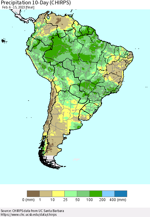 South America Precipitation 10-Day (CHIRPS) Thematic Map For 2/6/2023 - 2/15/2023