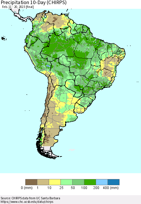 South America Precipitation 10-Day (CHIRPS) Thematic Map For 2/11/2023 - 2/20/2023
