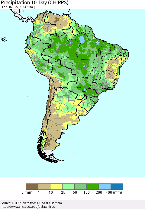 South America Precipitation 10-Day (CHIRPS) Thematic Map For 2/16/2023 - 2/25/2023