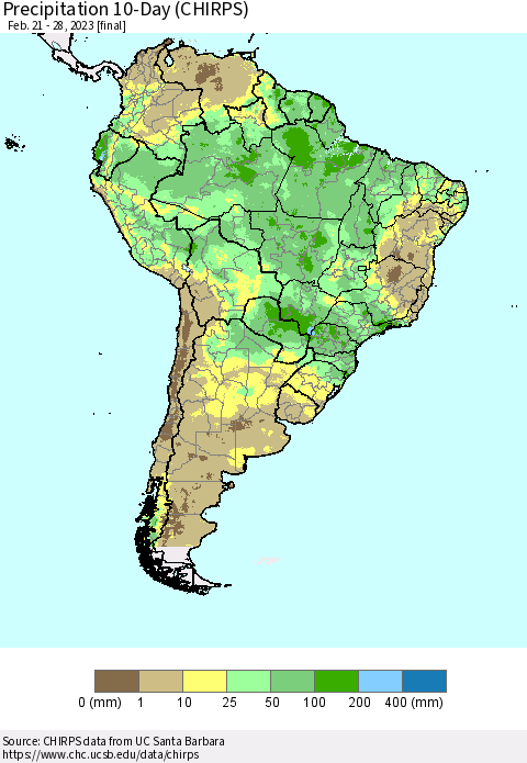 South America Precipitation 10-Day (CHIRPS) Thematic Map For 2/21/2023 - 2/28/2023