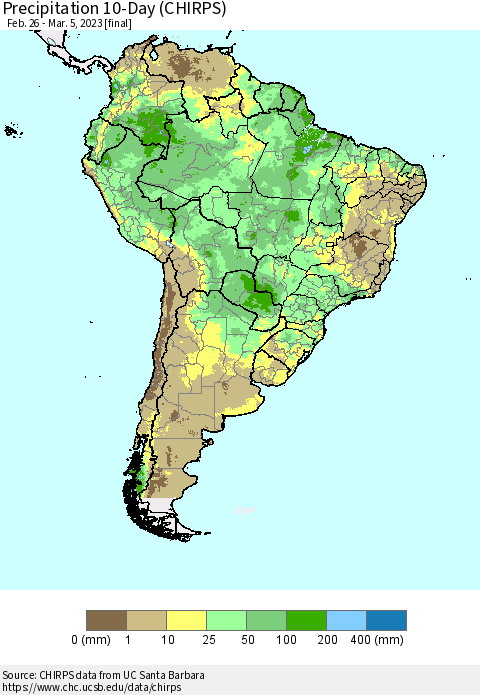 South America Precipitation 10-Day (CHIRPS) Thematic Map For 2/26/2023 - 3/5/2023