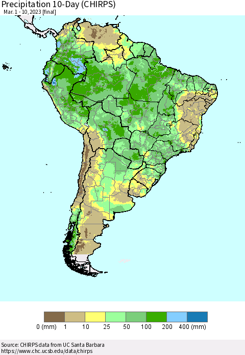 South America Precipitation 10-Day (CHIRPS) Thematic Map For 3/1/2023 - 3/10/2023