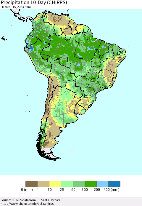 South America Precipitation 10-Day (CHIRPS) Thematic Map For 3/6/2023 - 3/15/2023