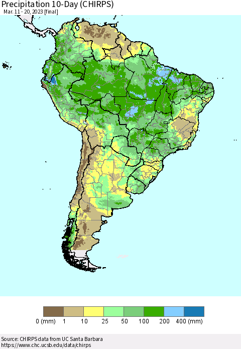 South America Precipitation 10-Day (CHIRPS) Thematic Map For 3/11/2023 - 3/20/2023