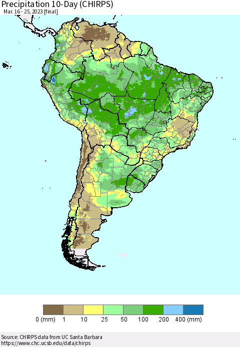 South America Precipitation 10-Day (CHIRPS) Thematic Map For 3/16/2023 - 3/25/2023
