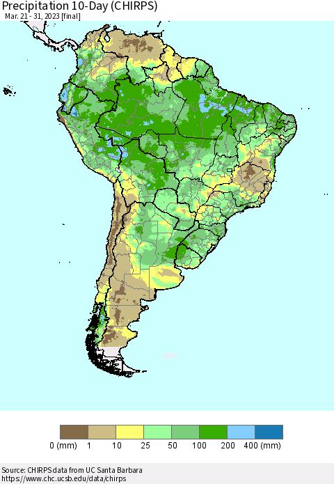 South America Precipitation 10-Day (CHIRPS) Thematic Map For 3/21/2023 - 3/31/2023